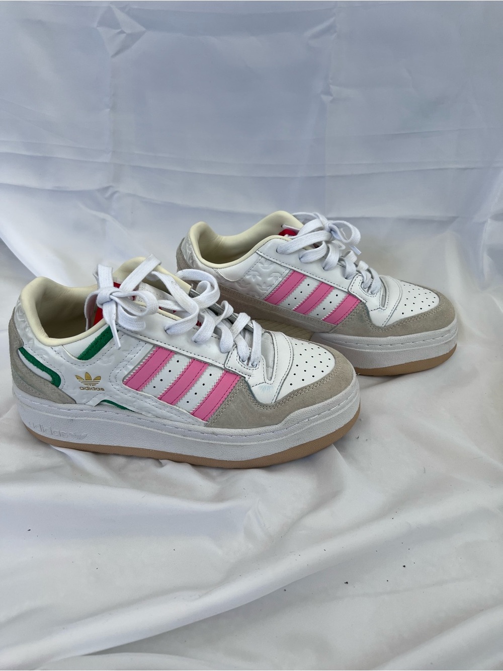 adidas White Sneakers with Pink Stripes and Green Heel Details